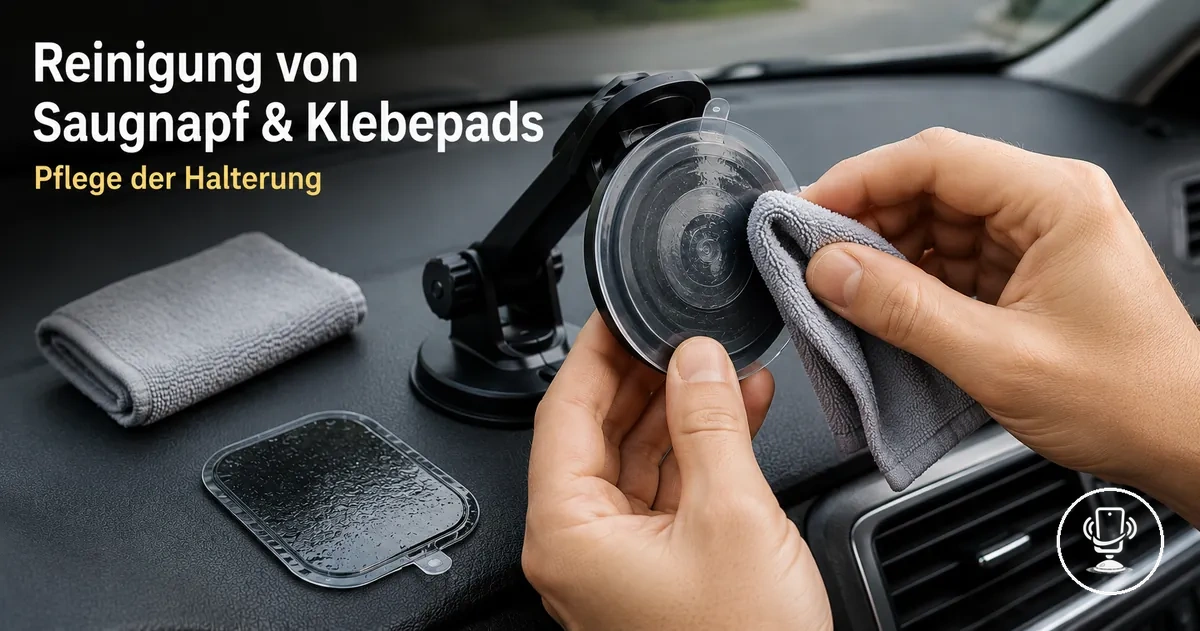 Reinigung von Saugnapf und Klebepads einer Auto-Handyhalterung für besseren Halt