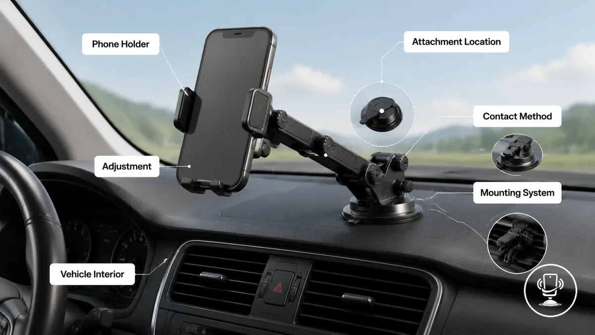 Markierter Auto-Handyhalterungstyp, der Befestigungsposition, Kontaktmethode und Halterungskomponenten zeigt
