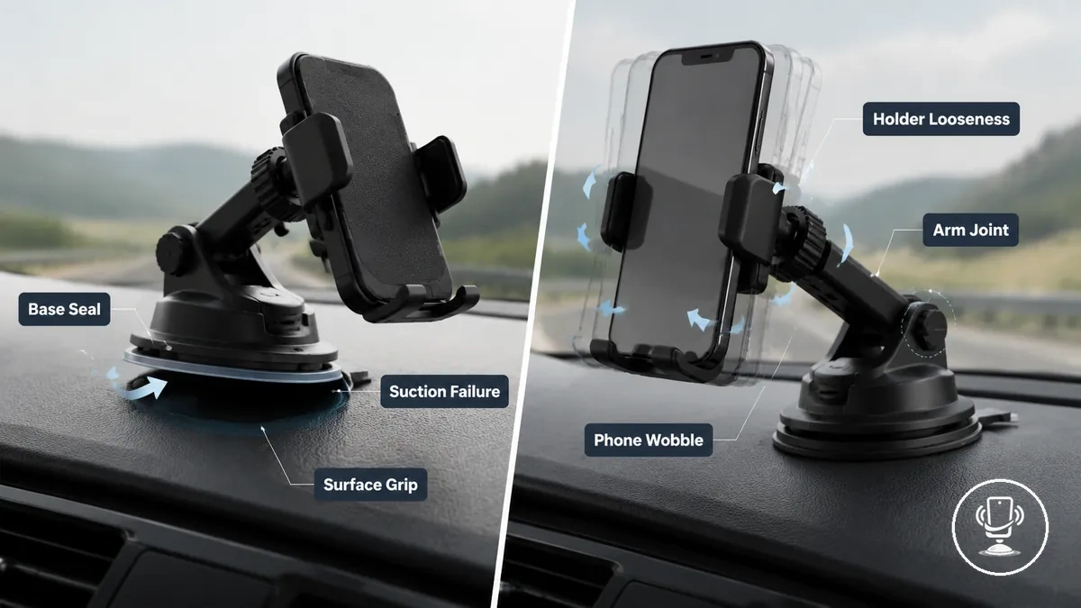 Vergleich von Saugnapfversagen und lockeren Gelenken der Handyhalterung im Auto