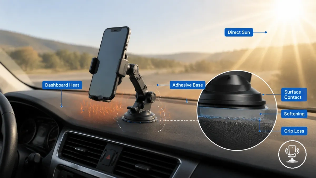 Diagramm, das zeigt, wie Armaturenbrett-Hitze die Klebebasis einer Auto-Handyhalterung schwächt