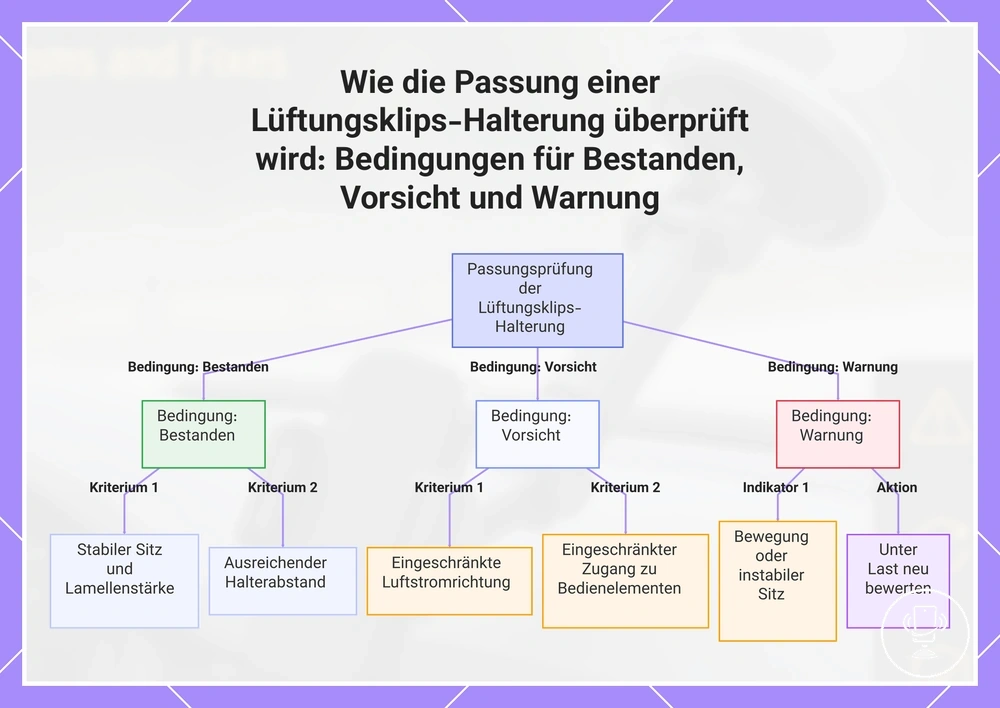 Wie die Passung einer Lüftungsklips-Halterung überprüft wird: Bedingungen für Bestanden, Vorsicht und Warnung
