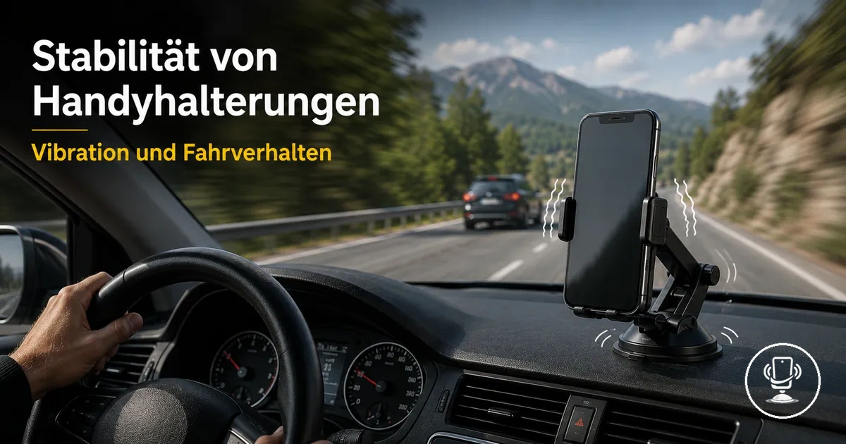 Handy in Auto-Halterung auf Armaturenbrett zeigt Stabilität gegen Vibrationen und Fahrbewegungen