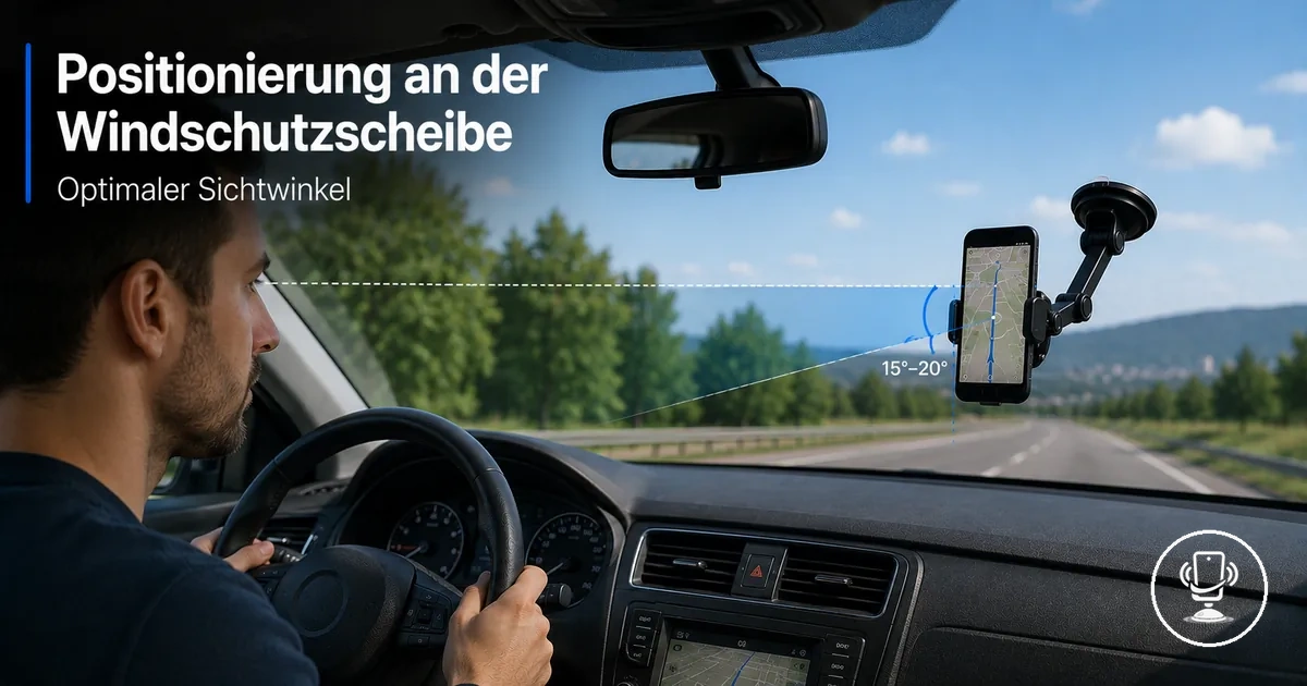 Windschutzscheiben-Auto-Handyhalterung optimal im Fahrzeug positioniert für beste Sicht