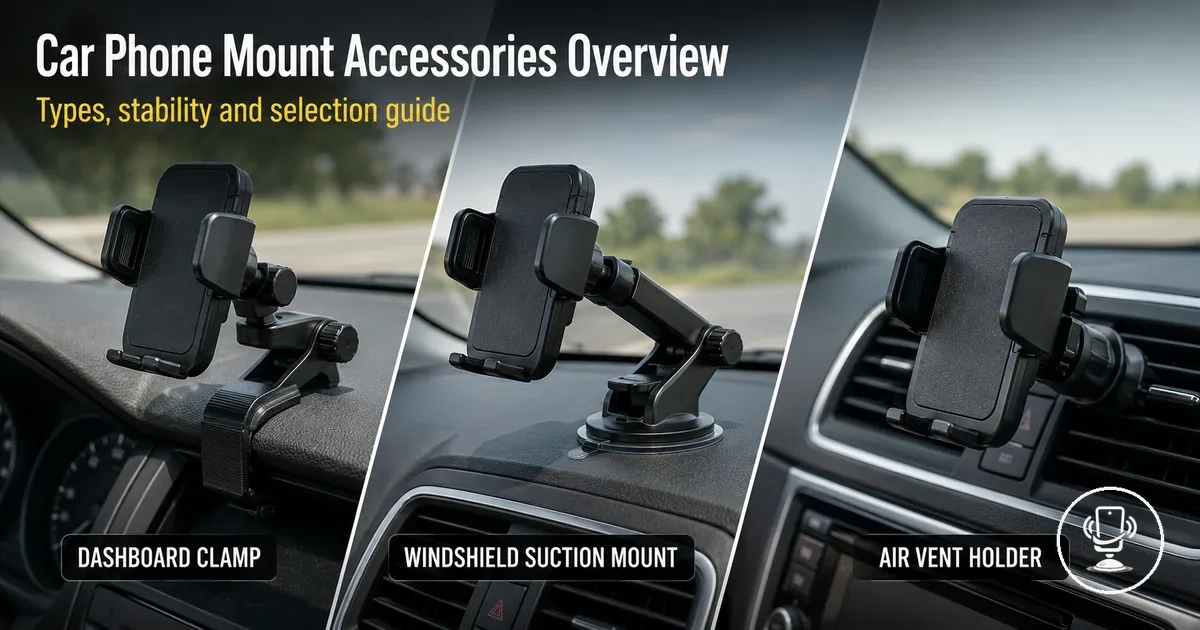 Overview of car phone mount accessories showing different mounting types and stability options in a car interior