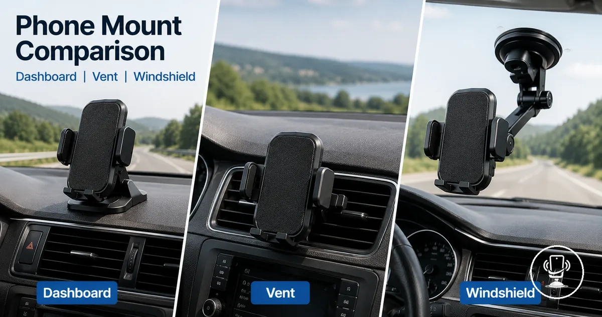 Comparison of dashboard, vent and windshield car phone mounts inside vehicle interior layout