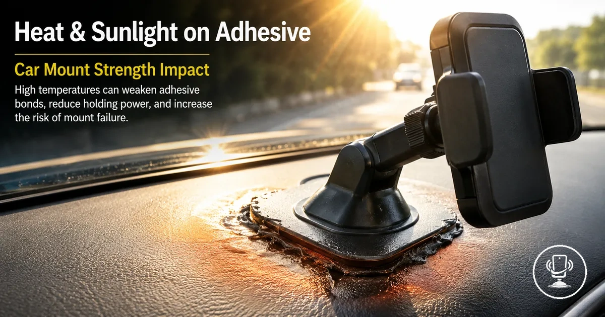 Car dashboard phone mount exposed to sunlight showing heat effect on adhesive strength