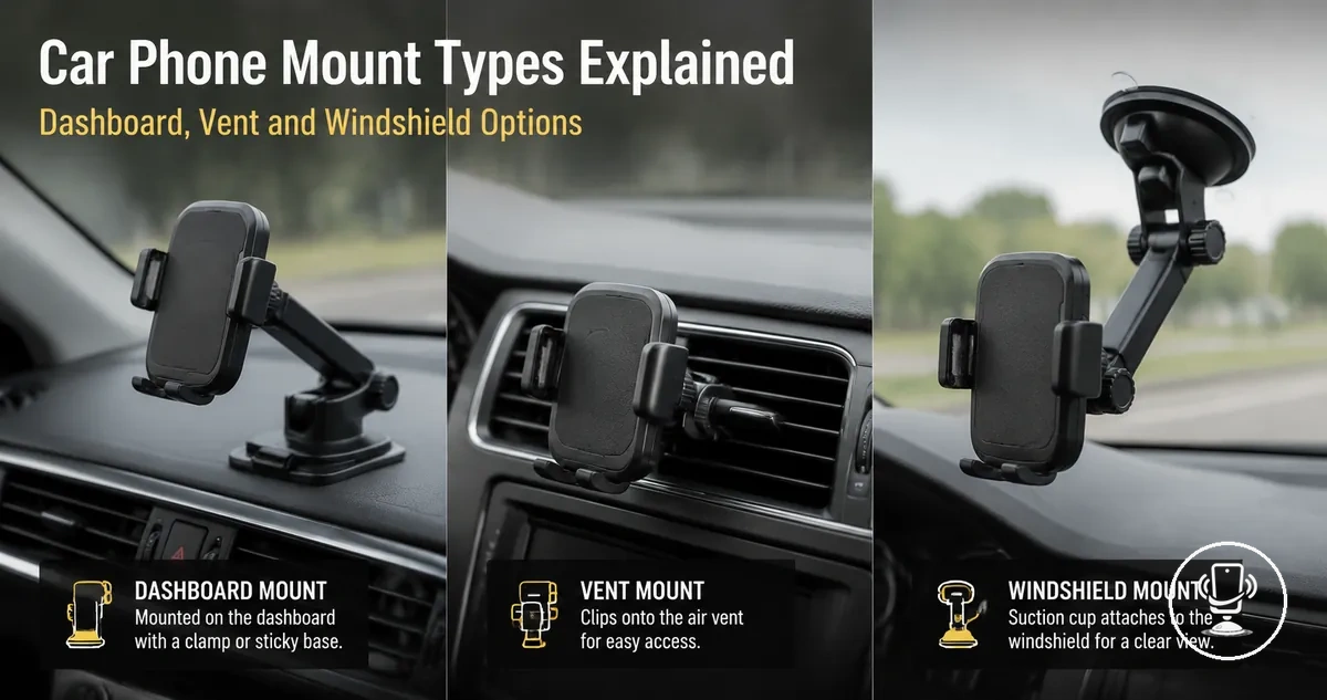 Magnetic and clamp car phone mount mechanisms showing grip structure and holding system differences