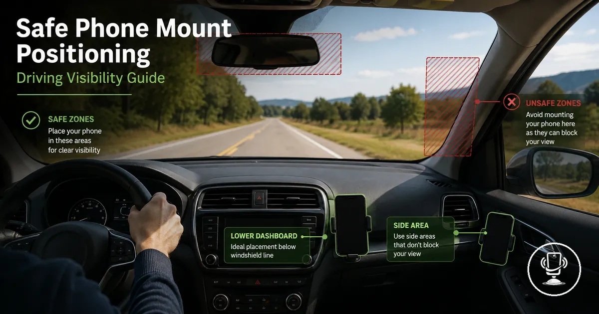Safe positioning of car phone mount to maintain clear driving visibility and road safety setup