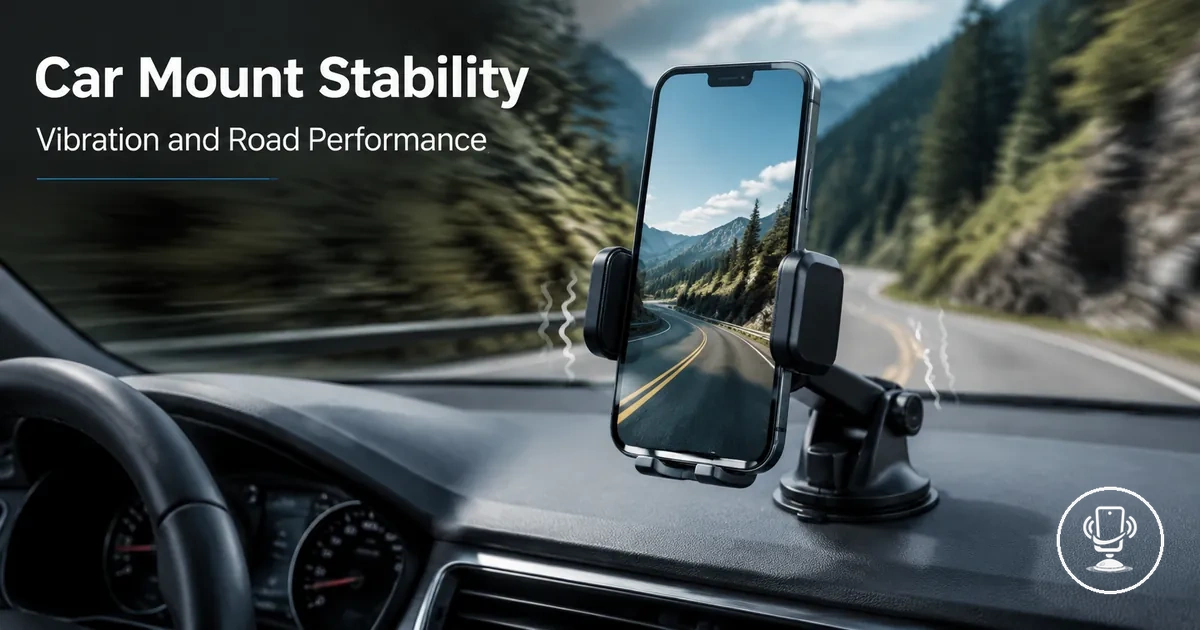 Car phone mounted on dashboard showing vibration stability and road movement resistance performance