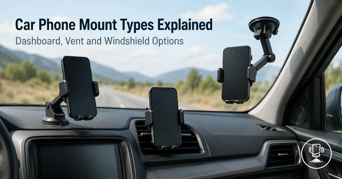 Different types of car phone mounts including dashboard, vent clip and windshield suction systems