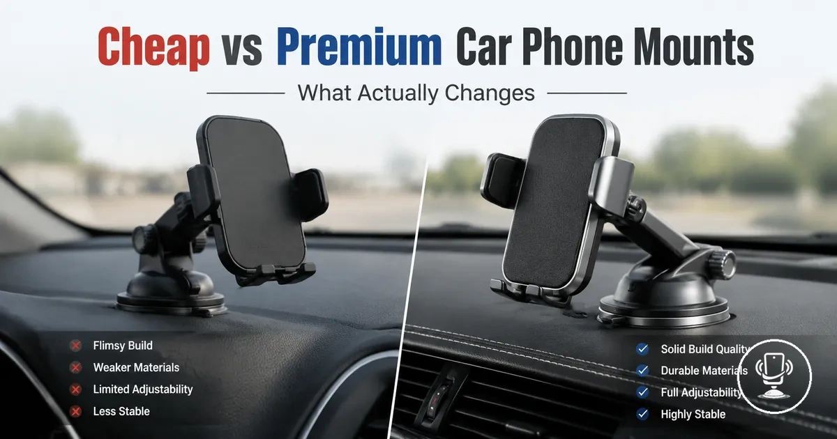 Comparison of cheap and premium car phone mounts showing differences in build quality and stability