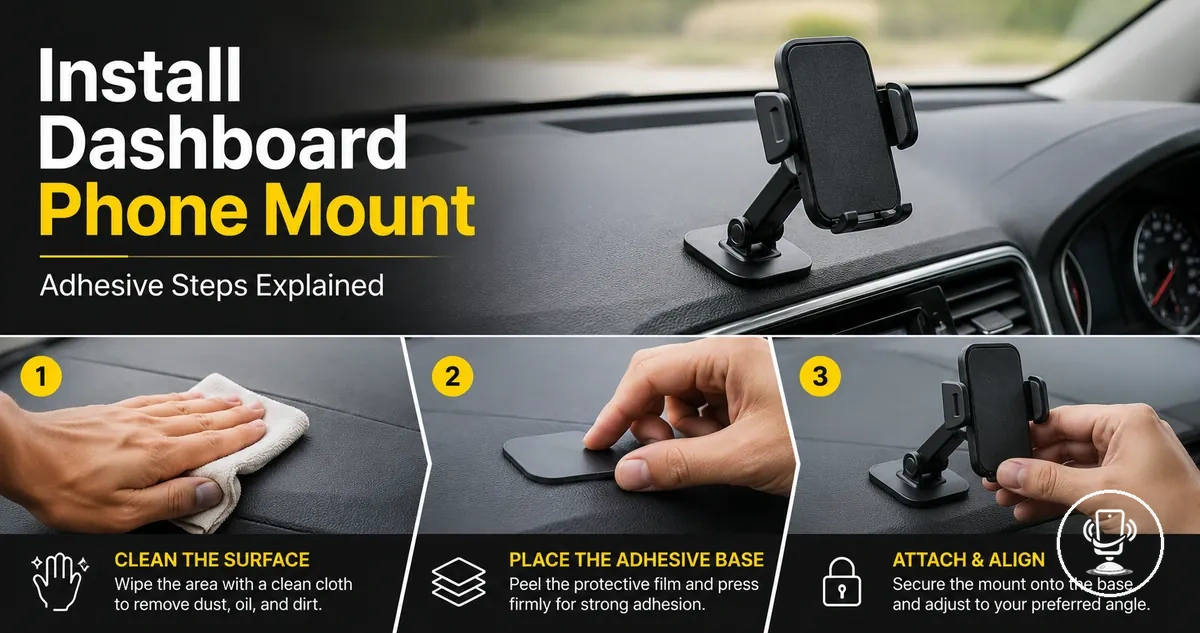 Step by step installation of dashboard adhesive car phone mount on car interior surface