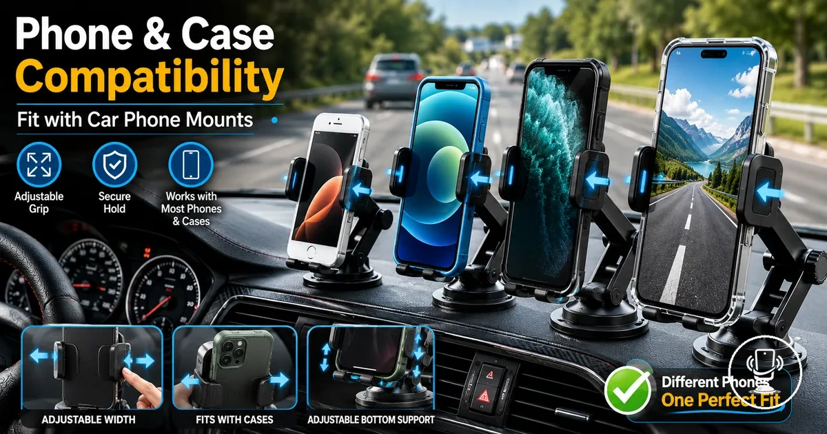 Different phone sizes and cases fitting into adjustable car phone mount holder system