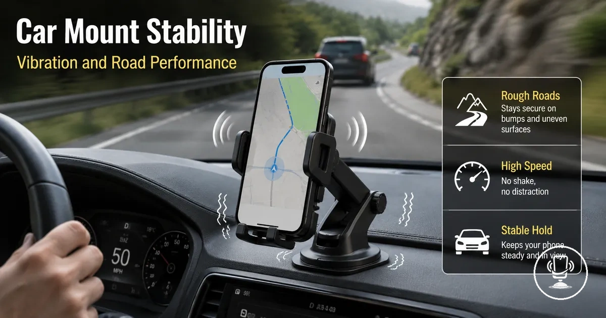 Adjustable car phone mount showing rotation angles and viewing position adjustments inside car