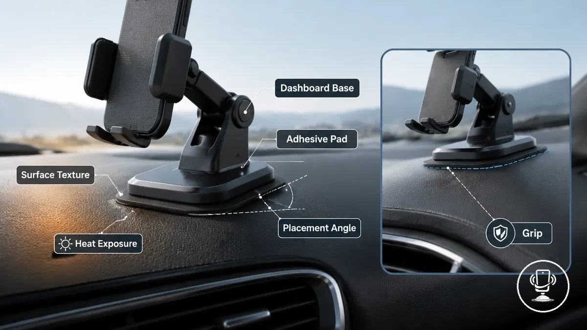 Dashboard base and adhesive base mounted on a vehicle dashboard