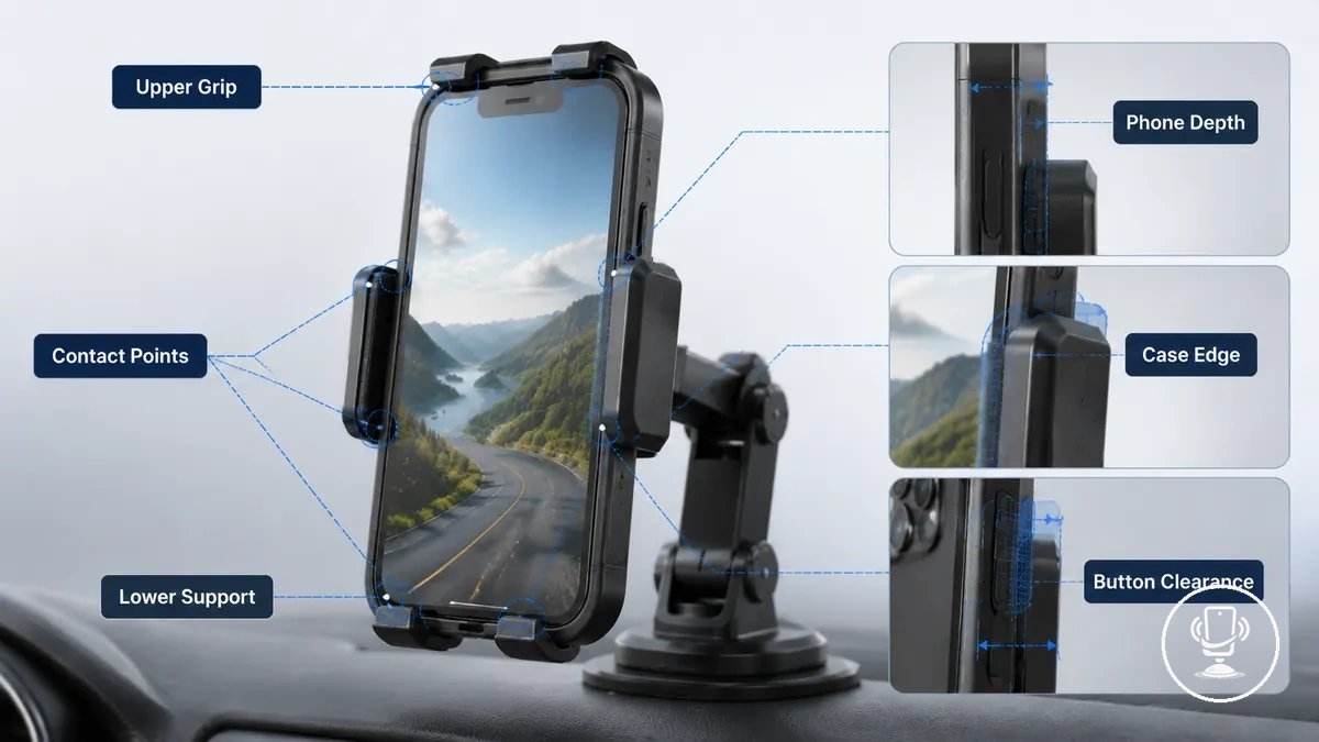 Diagram showing phone height, depth, and contact points on a car phone holder