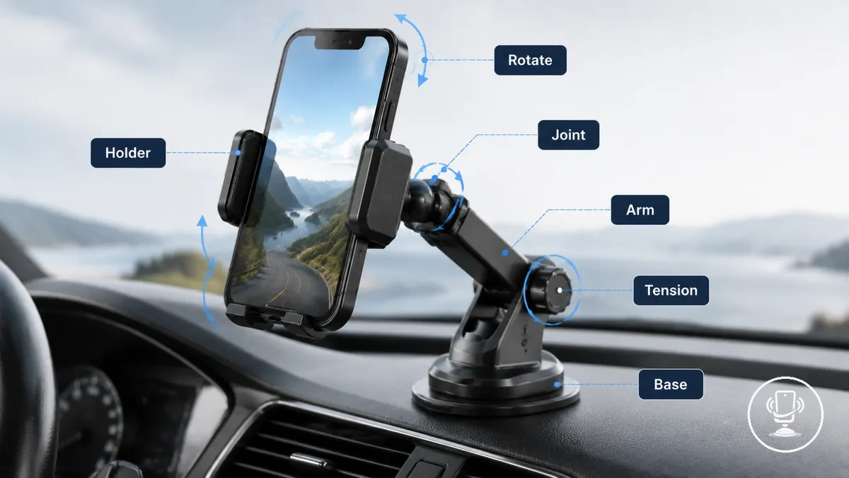 Labeled car phone mount showing holder, joint, arm, and base adjustment points