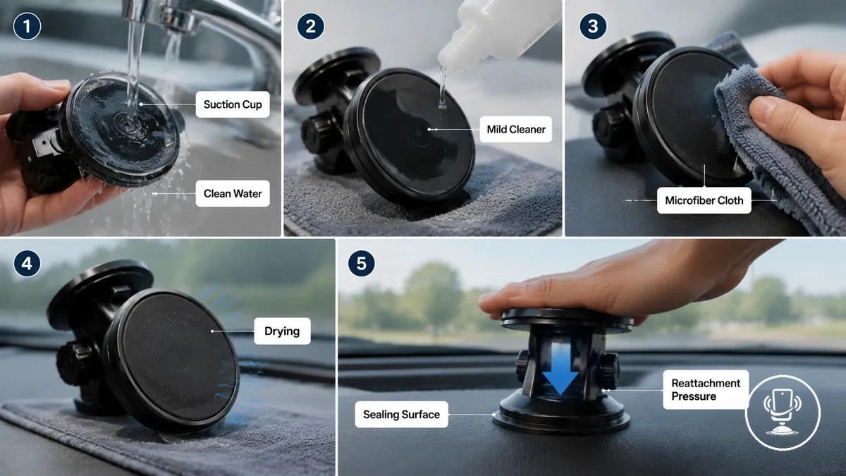 Cleaning a car phone mount suction cup gently with a microfiber cloth