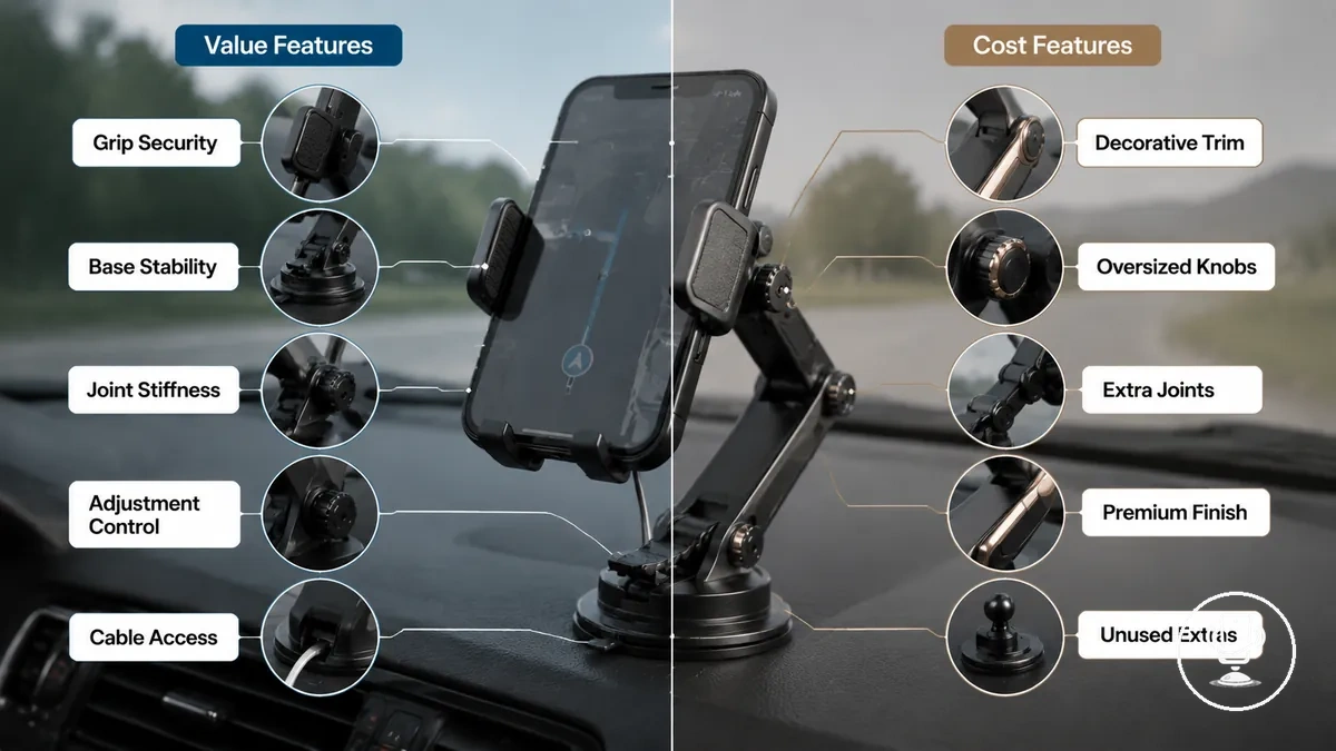 Features that add value versus features that only add cost shown with car phone mount value factors