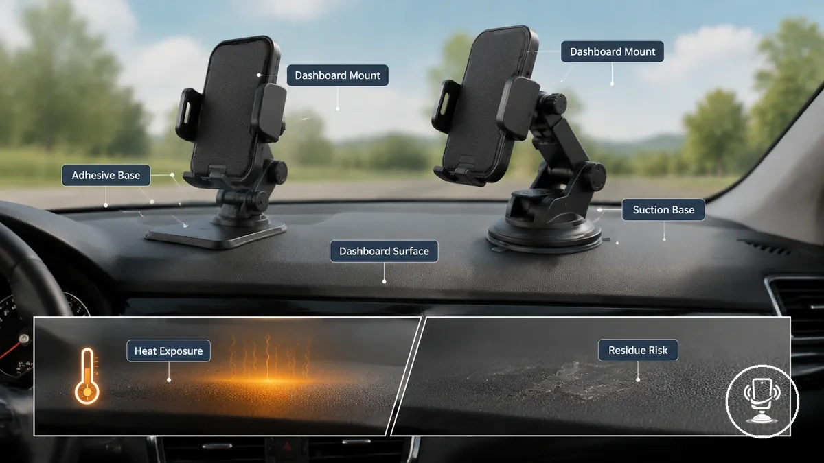 Dashboard mount showing adhesive and suction base contact on dashboard surface