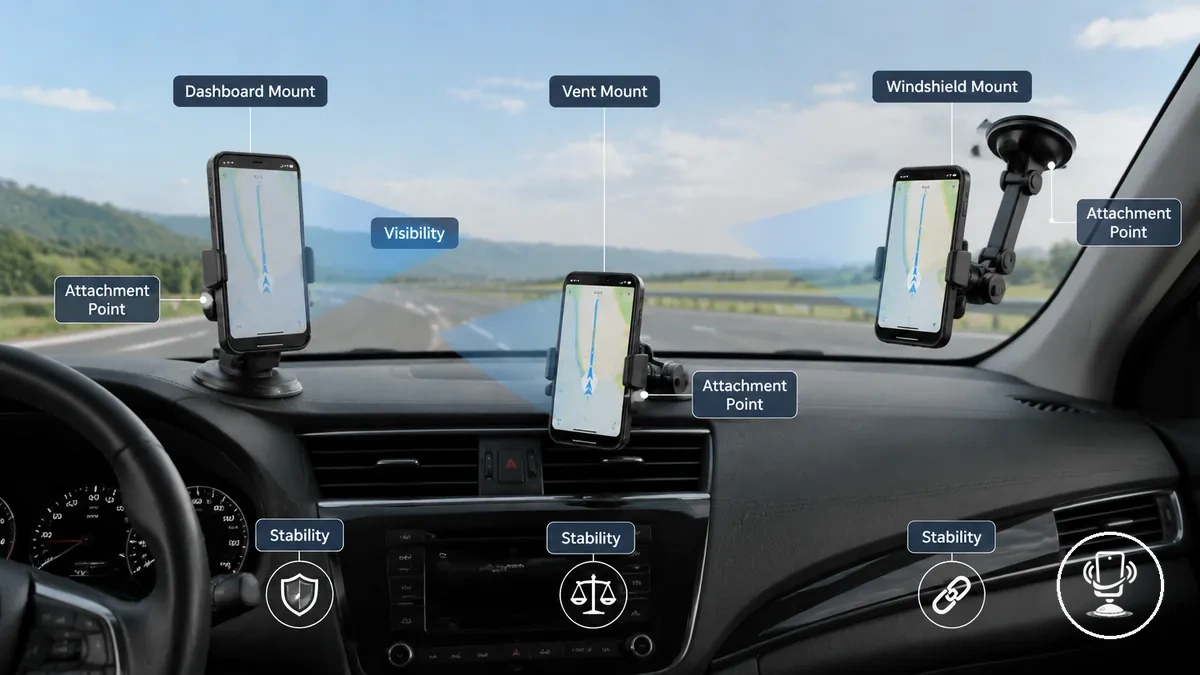 Comparison of dashboard, vent, and windshield car phone mount positions inside a vehicle