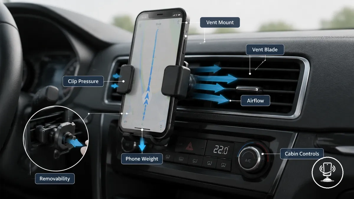 Vent mount clipped to car air vent showing phone position and contact with vent blades