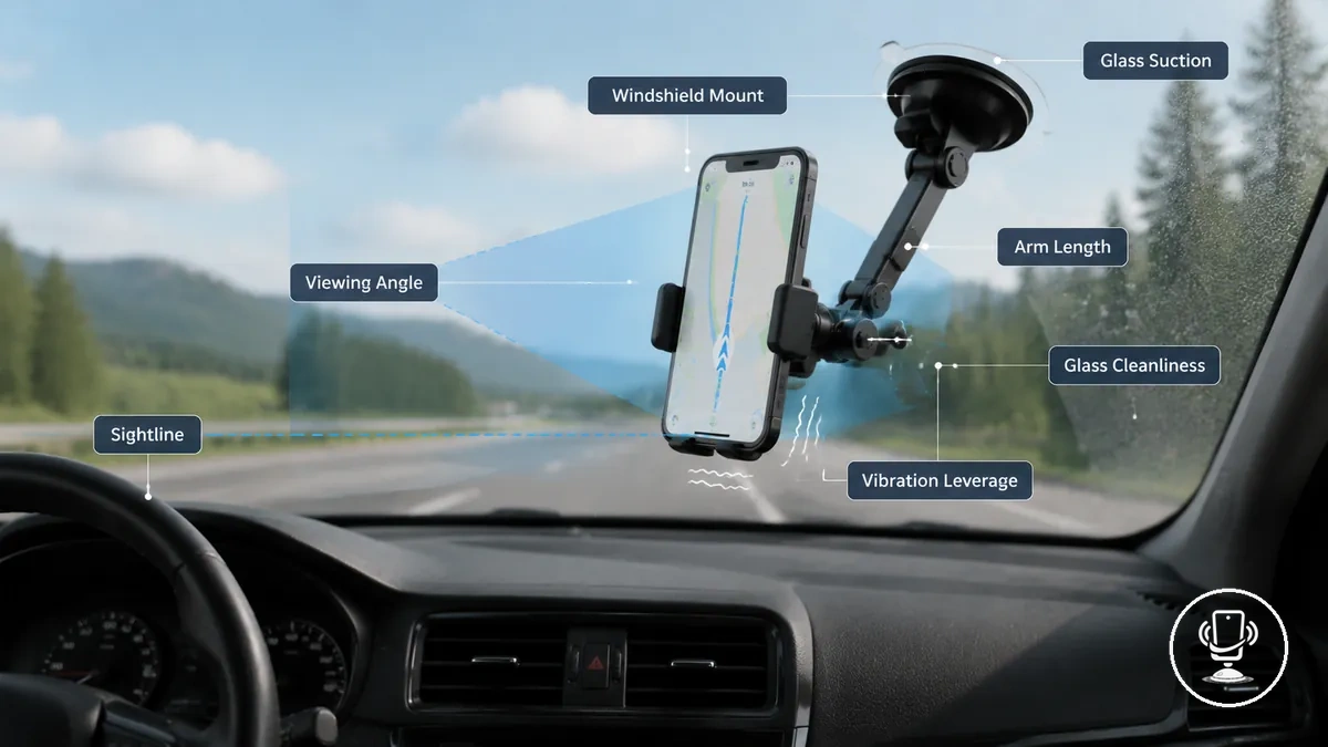 Windshield mount attached to car glass showing elevated phone position and suction base contact