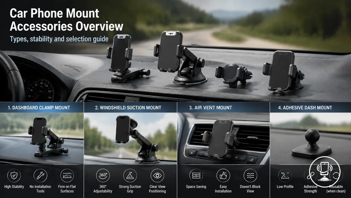 Windshield suction cup phone mount positioned at optimal viewing angle inside car cabin