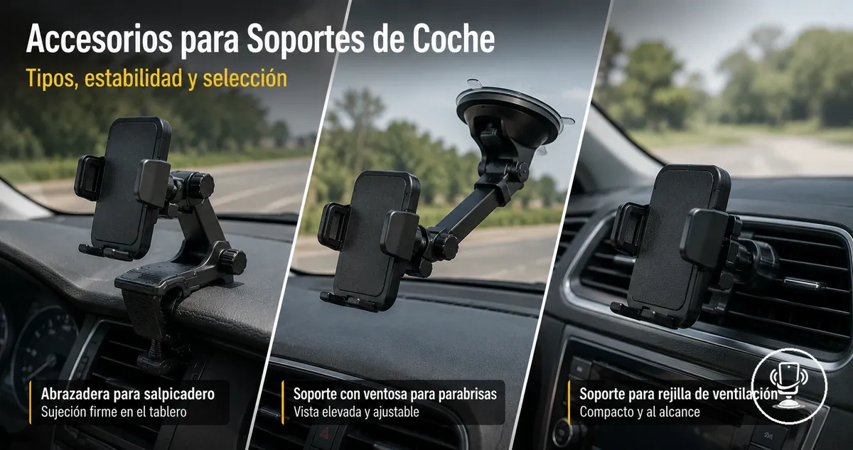 Resumen de accesorios para soportes de móvil en coche con diferentes tipos de montaje y estabilidad dentro del vehículo