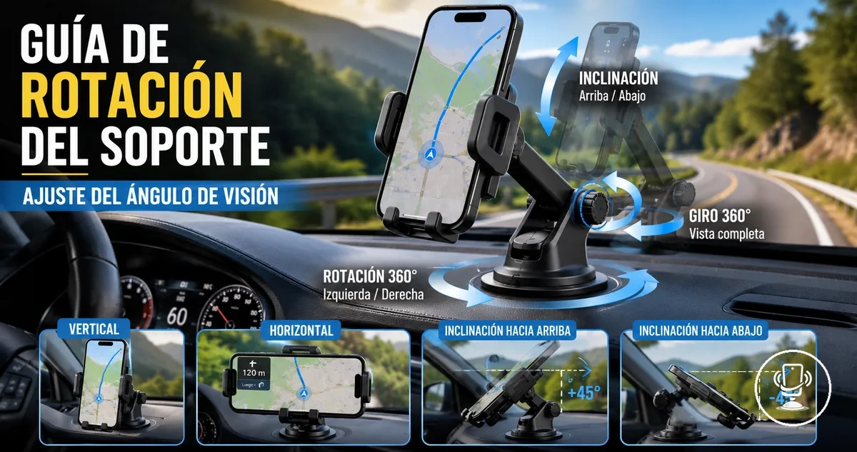 Soporte de móvil en coche mostrando ángulos de rotación y ajuste de posición de visión