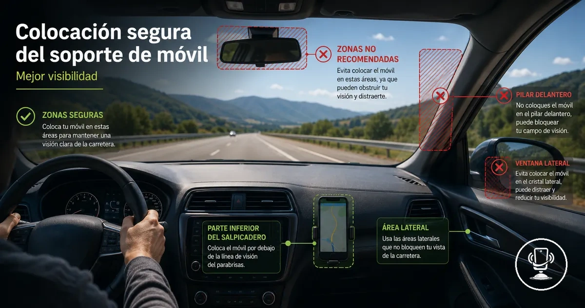 Colocación segura del soporte de móvil en el coche para mantener la visibilidad del conductor