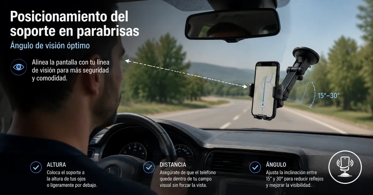 Soporte de móvil con ventosa en el parabrisas en posición óptima de visión