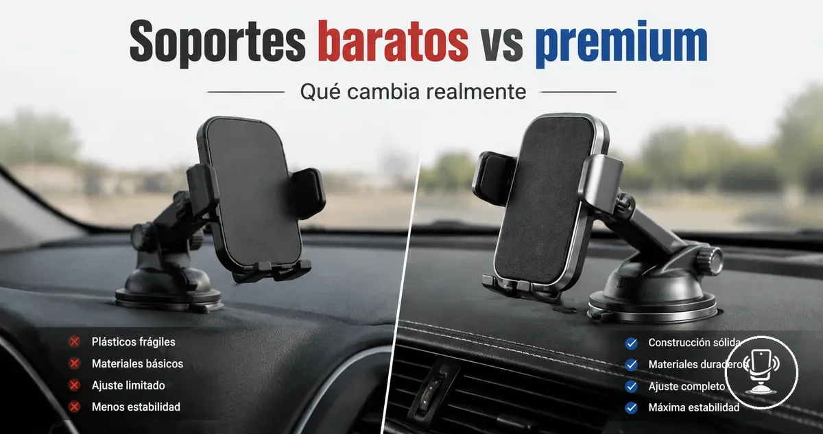 Comparación entre soportes de móvil baratos y premium mostrando diferencias de calidad y estabilidad