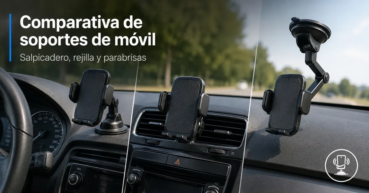 Comparación de soportes de móvil para coche en salpicadero, rejilla y parabrisas dentro del vehículo
