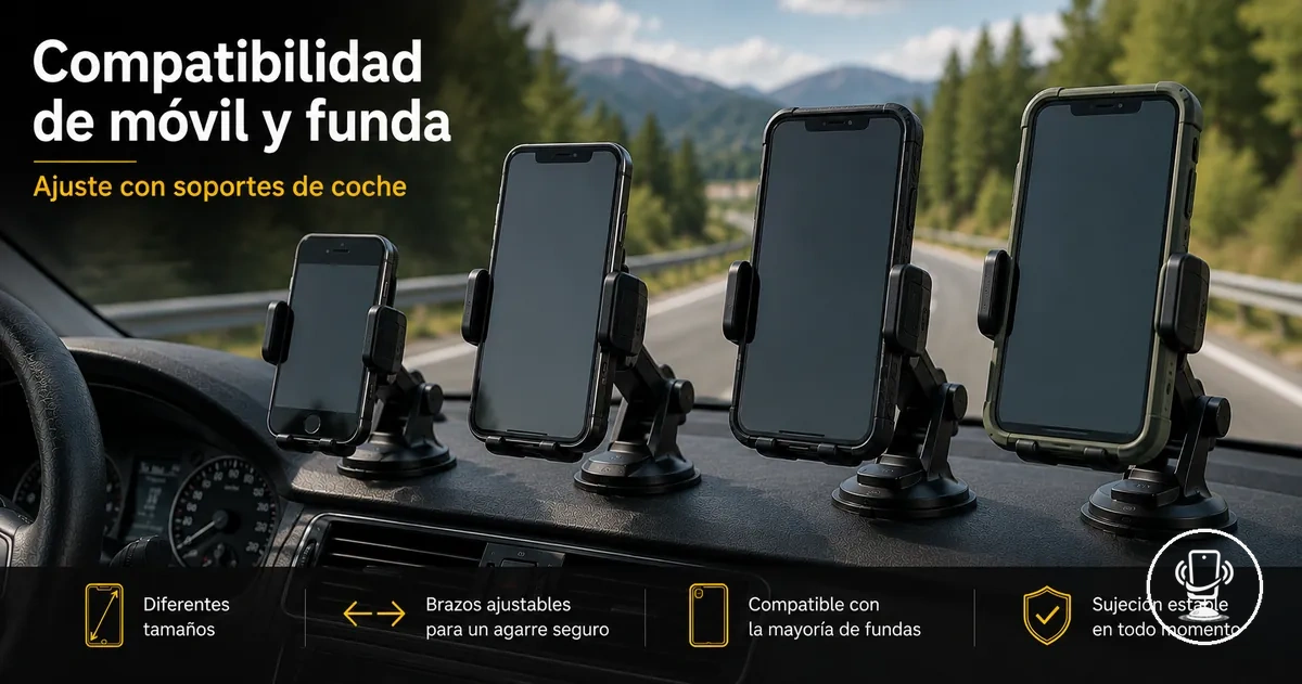 Diferentes tamaños de móviles y fundas encajando en soporte ajustable para coche