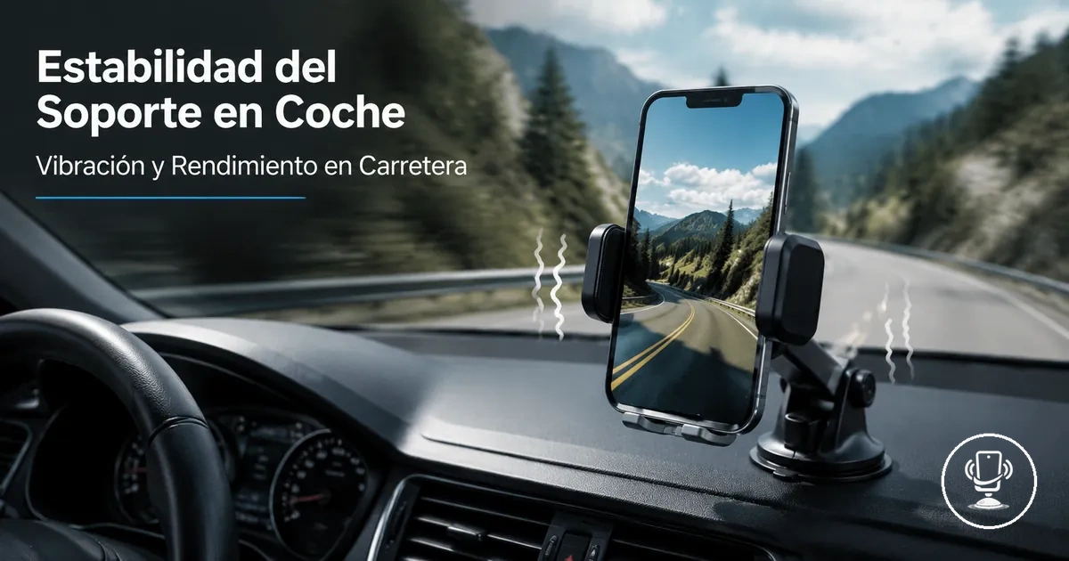 Móvil en soporte de coche mostrando estabilidad frente a vibraciones y movimiento en carretera