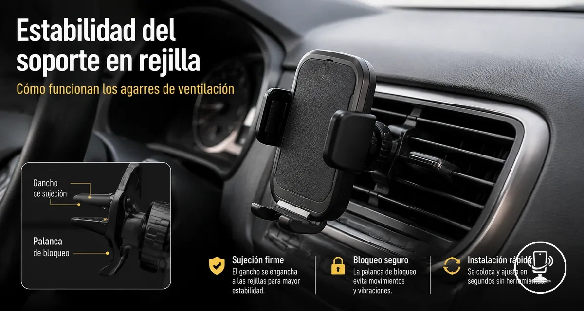 Soporte de móvil en rejilla de ventilación del coche con sistema de sujeción
