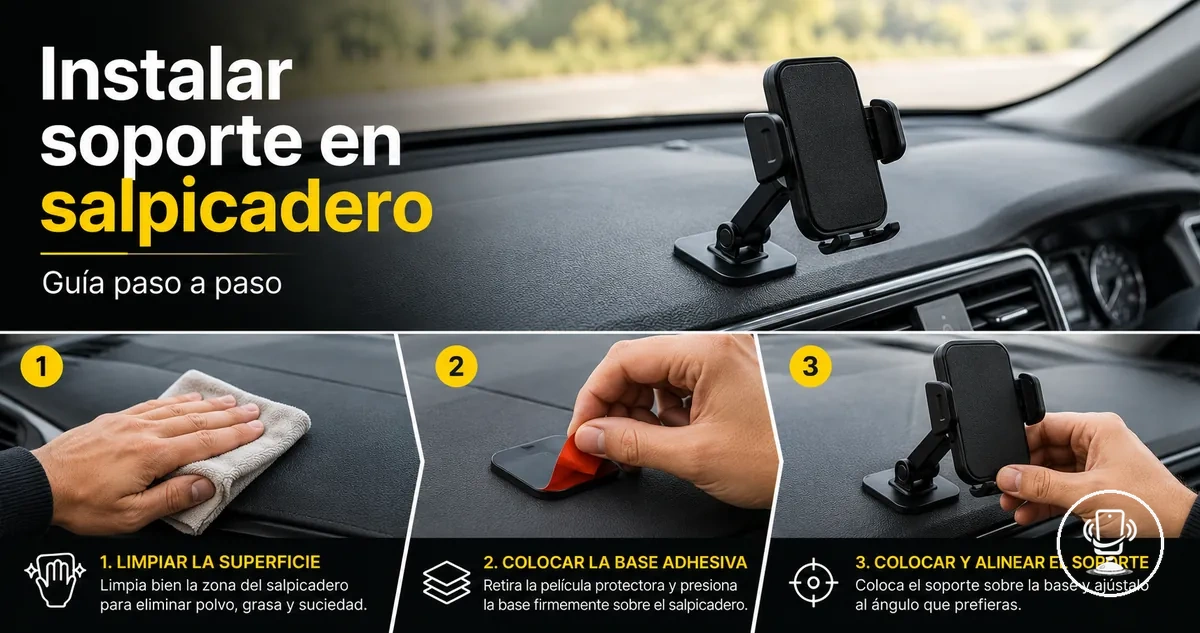 Instalación paso a paso de soporte de móvil adhesivo en el salpicadero del coche