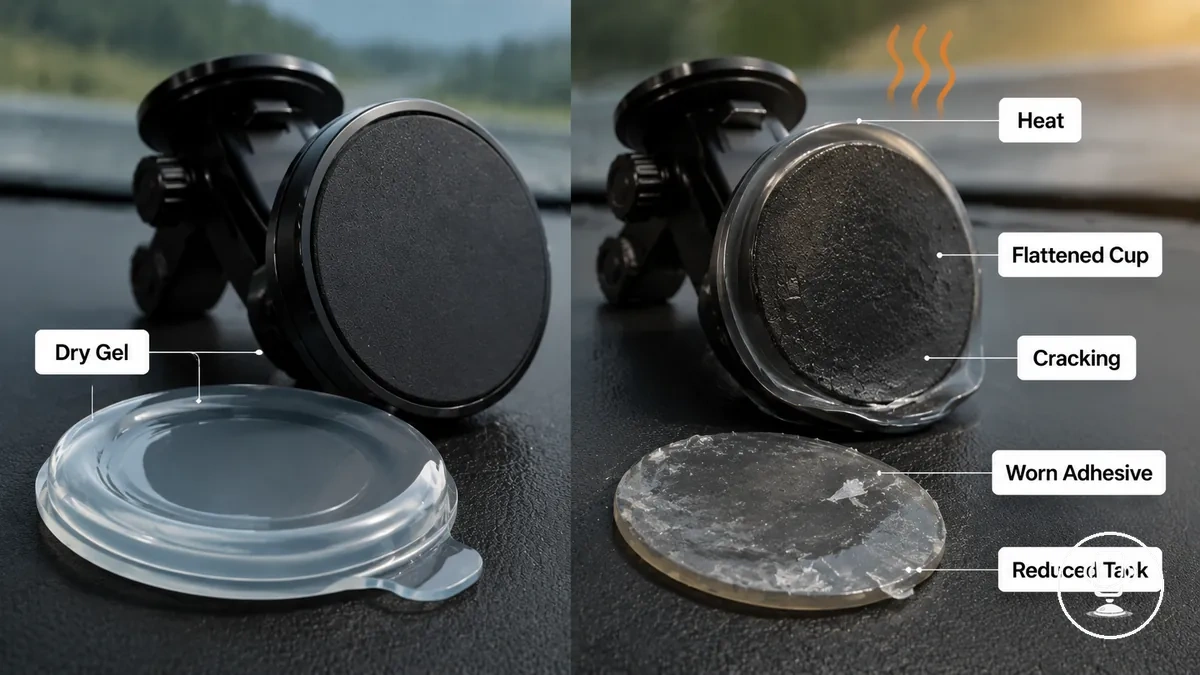 Material de almohadilla de gel y ventosa desgastados en un soporte de móvil para coche que muestra desgaste en el agarre