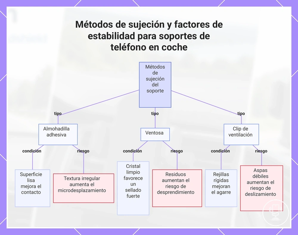 Métodos de sujeción y factores de estabilidad para soportes de teléfono en coche