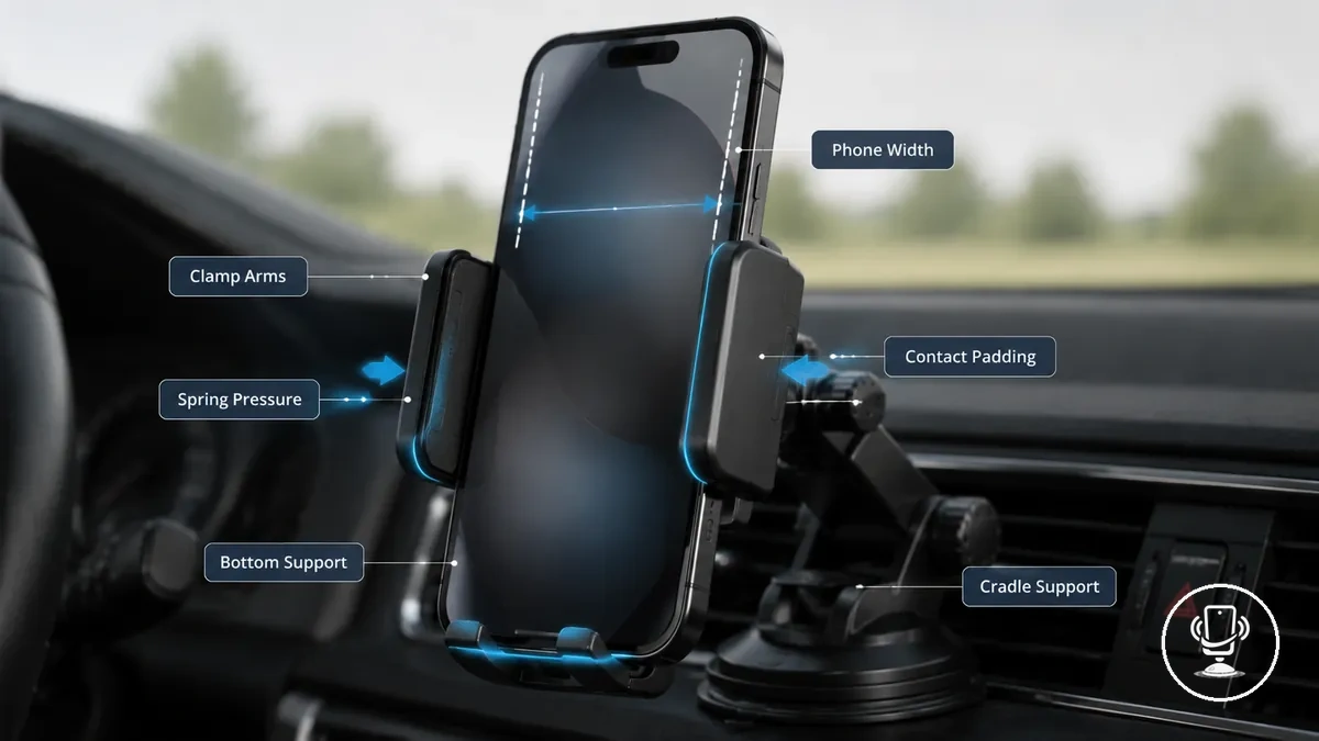 Sistemas de sujeción con brazo de pinza y receptáculo que muestran brazos laterales, soporte inferior y posición del teléfono en un soporte de coche
