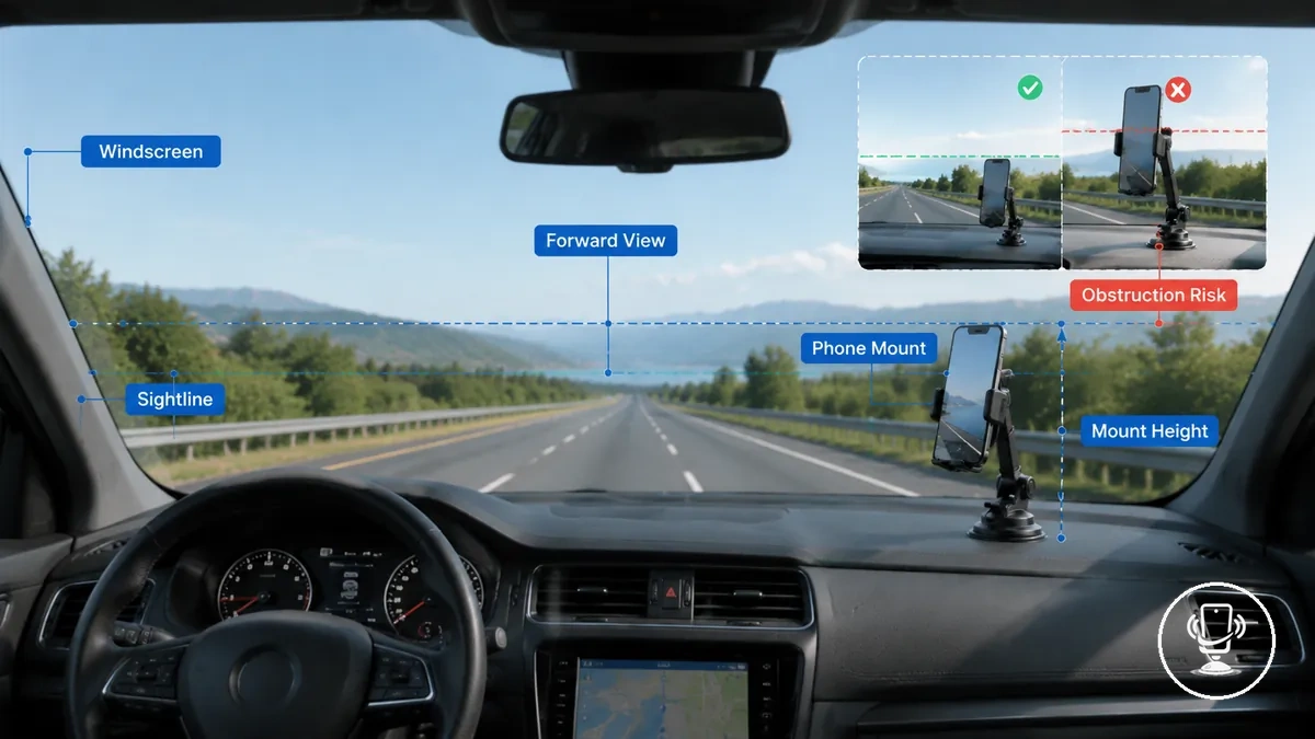 Vista frontal de la carretera a través del parabrisas con el soporte de móvil fuera de la línea de visión principal