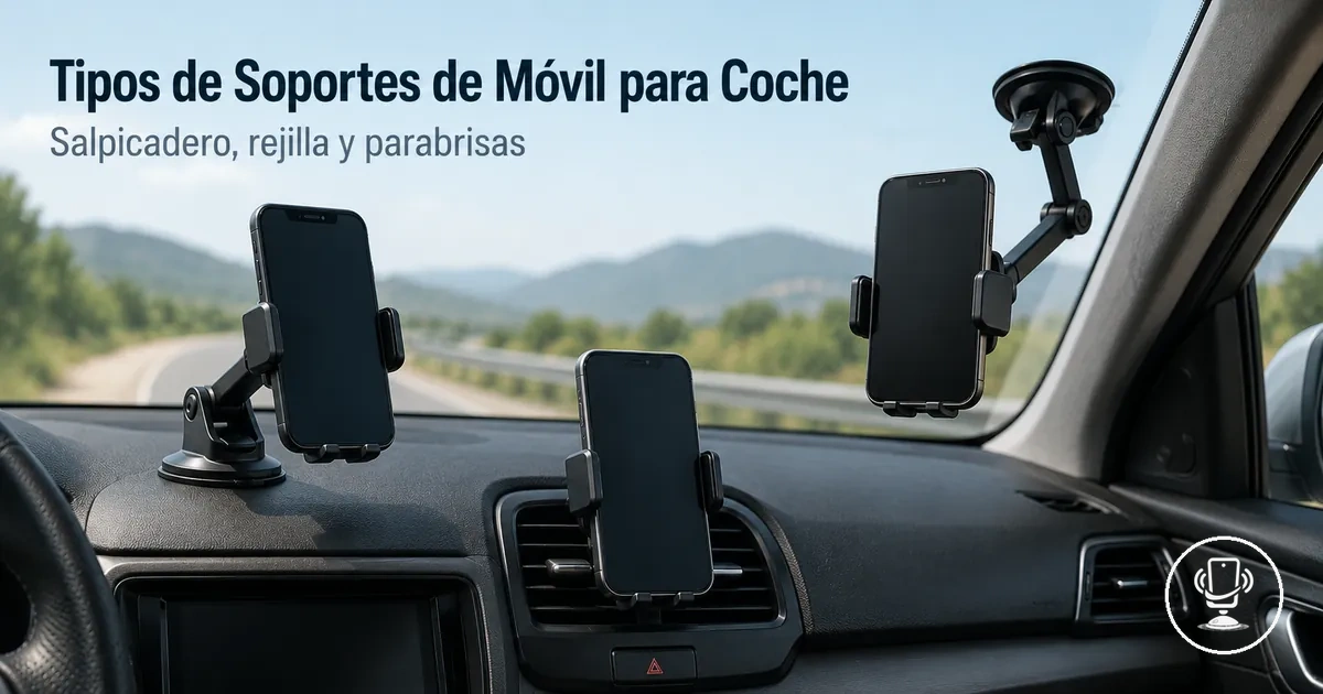 Diferentes tipos de soportes de móvil para coche incluyendo salpicadero, rejilla de ventilación y ventosa en parabrisas