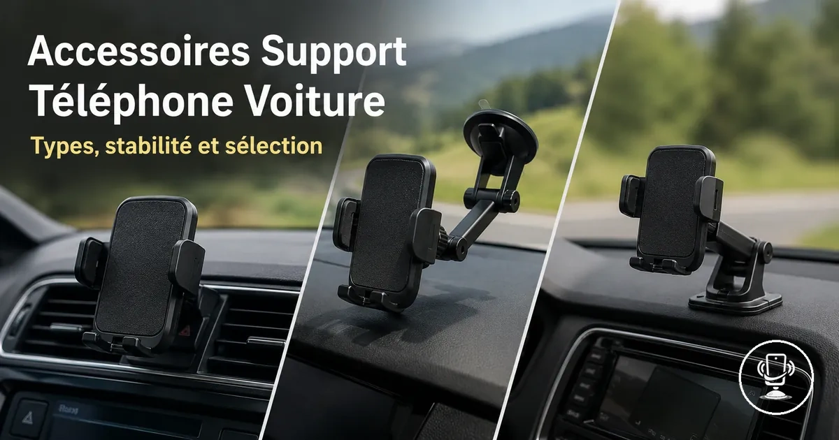 Vue d’ensemble des accessoires de support téléphone voiture montrant différents types de fixation et options de stabilité dans l’habitacle