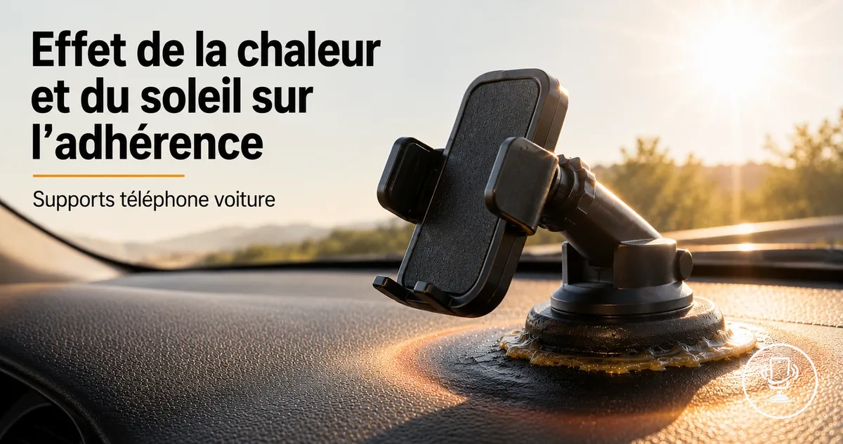Support téléphone voiture exposé au soleil montrant l’impact de la chaleur sur l’adhérence