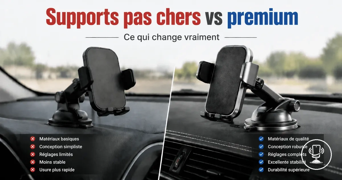 Comparaison entre supports téléphone voiture pas chers et premium montrant les différences de qualité et de stabilité