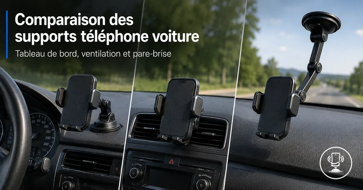 Comparaison des supports téléphone voiture dans l’habitacle : tableau de bord, ventilation et pare-brise