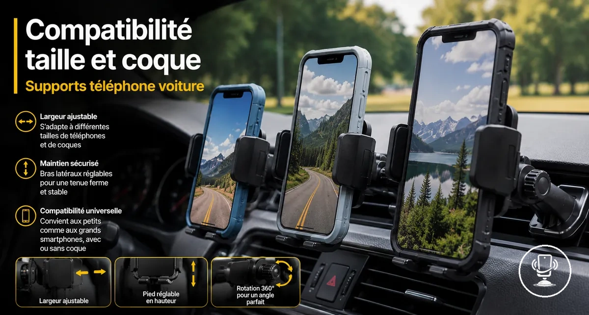 Différentes tailles de téléphones et coques s’adaptant à un support téléphone voiture réglable