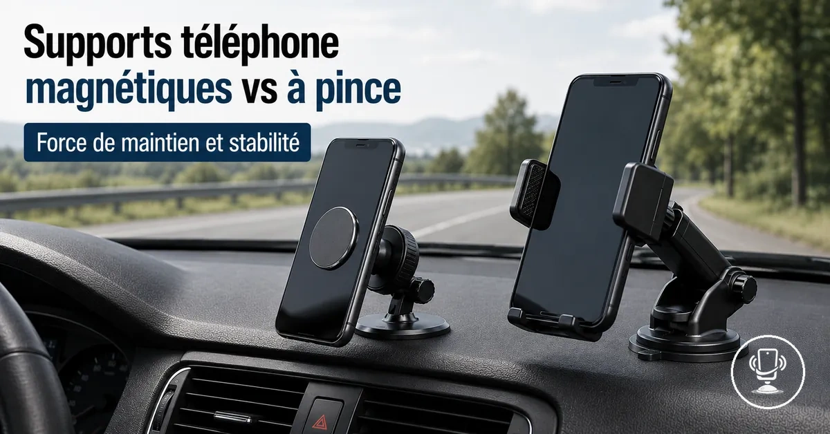 Mécanismes de supports téléphone voiture magnétiques et à pince montrant la structure de maintien