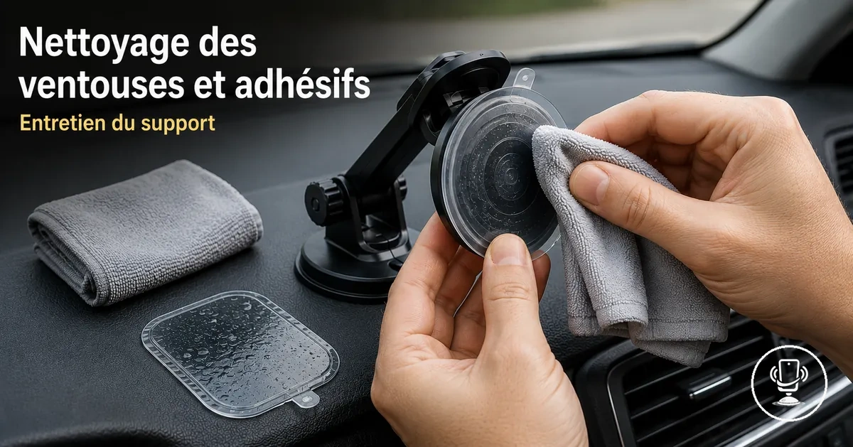 Nettoyage de la ventouse et des pads adhésifs d’un support téléphone voiture pour améliorer l’adhérence